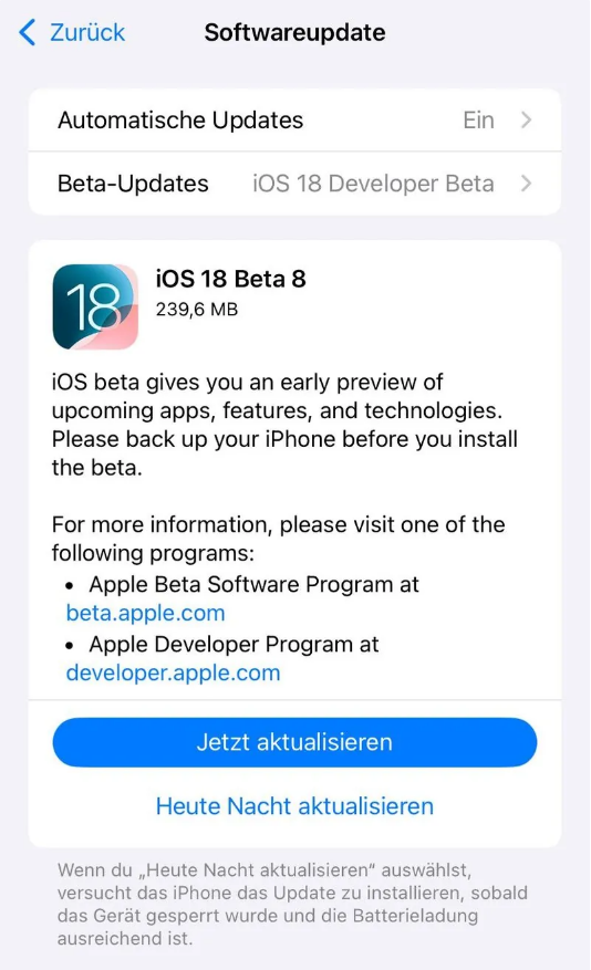 祁门苹果手机维修分享苹果 iOS / iPadOS 18 开发者预览版 Beta 8 发布 